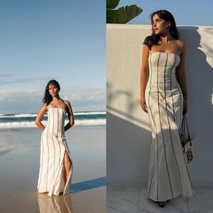 Seven Wonders Ravello Maxi Dress Linen Cotton Beige Striped Strapless Resort